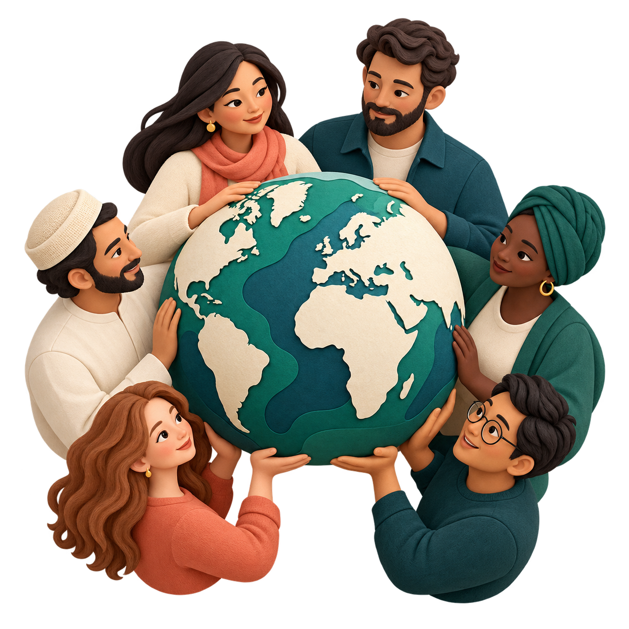Pessoas de diferentes origens reunidas em torno de um globo terrestre